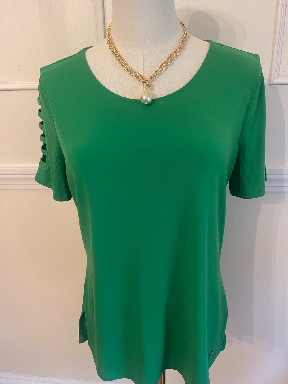 Michael Kors Emerald Green Short Sleeve Top with Ladder Sleeve Detail